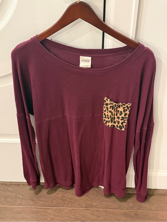 PINK Victoria's Secret Tops - PINK Victoria's Secret Plum Long-Sleeve Top with Leopard Print Pocket